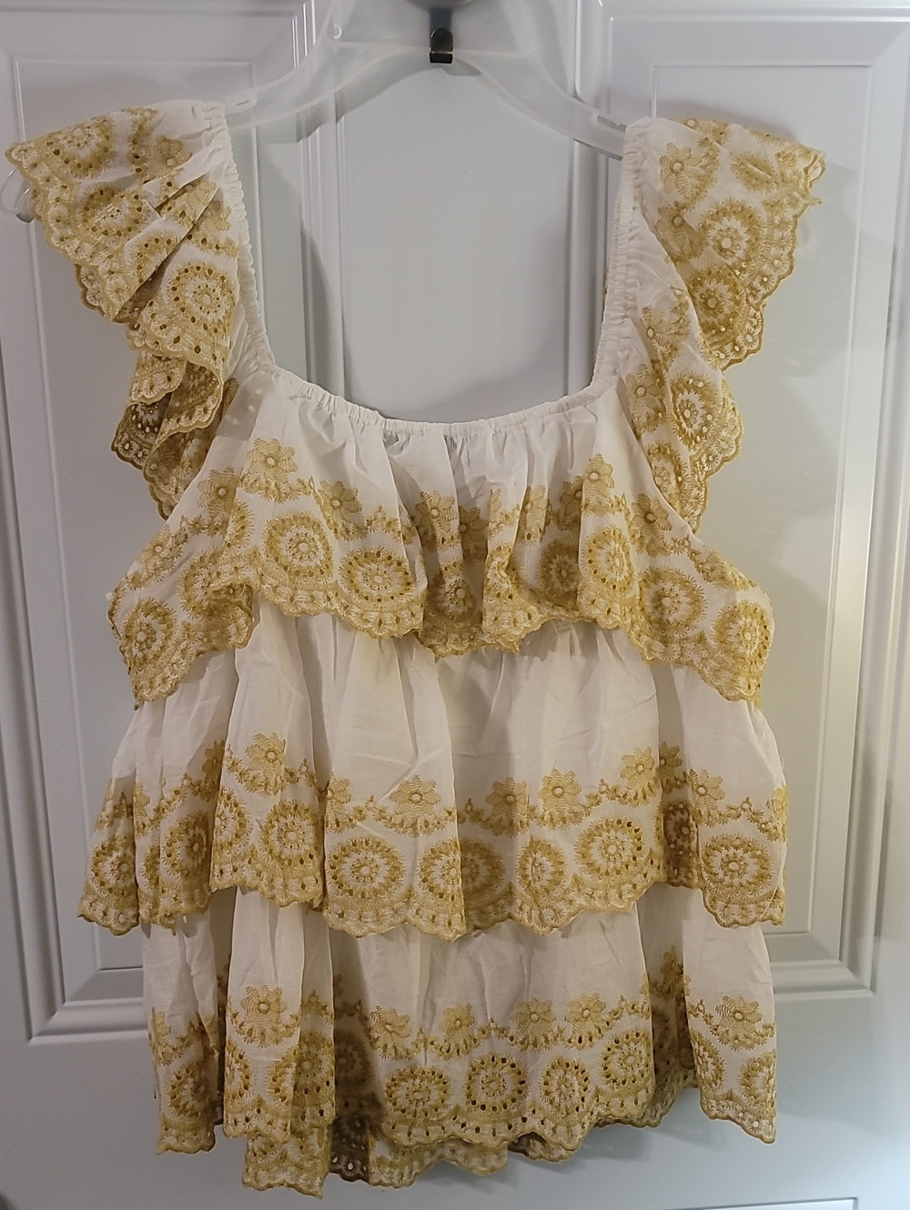 White & Gold Embroidered Ruffle Top - Picture 4 of 7